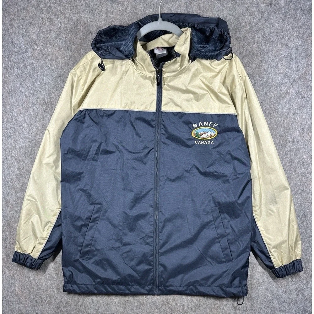 Banff Canada Windbreaker Jacket Mens Small Hooded Blue Beige Full Zip Travel